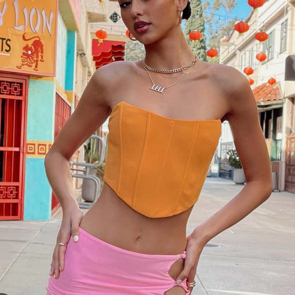 Princess Polly orange corset crop strapless top